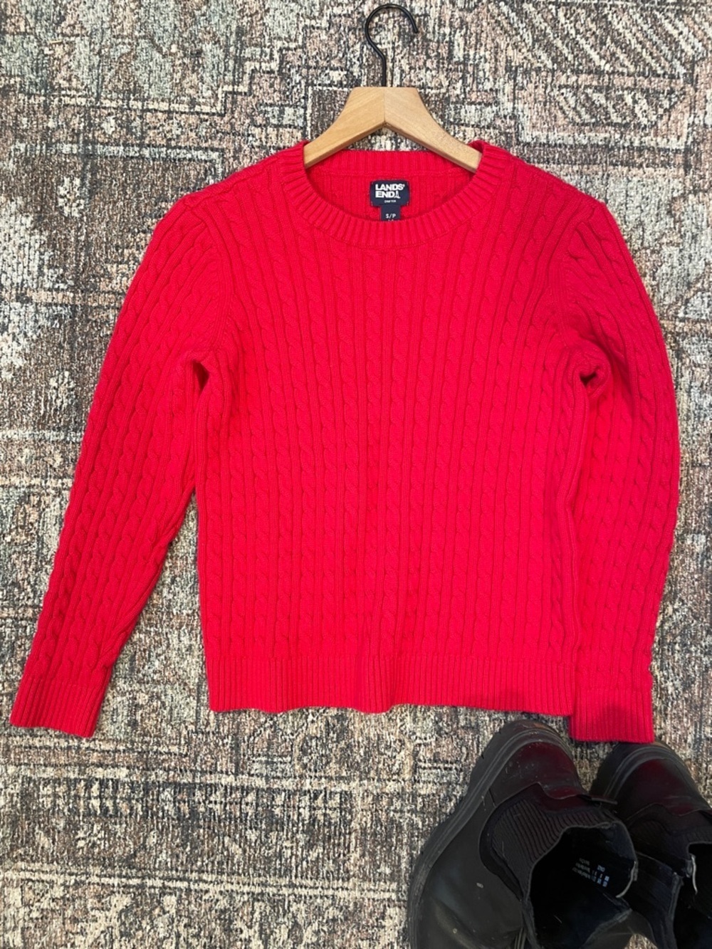 Lands’ End Red Cable Knit Sweater Size S 100% Cotton Classic
